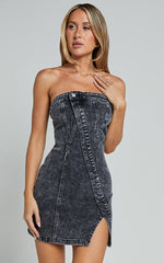 Erline Mini Dress - Asymmetric Strapless Denim Dress in Washed Black