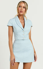 Estella Two Piece Set - Shawl Collar Button Down Boucle Top and Mini Skirt Set in Blue