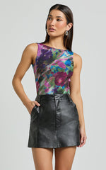 Farrah Top - Boat Neck Low Back Printed Mesh Top in Ethereal Iris Print