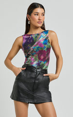 Farrah Top - Boat Neck Low Back Printed Mesh Top in Ethereal Iris Print