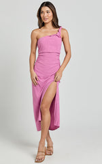 Finley Midi Linen Dress - Linen Feel One Shoulder Ruched Dress in Orchid
