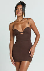 Frances Mini Linen Blend Dress - Ruched Lace Up Back Dress in Chocolate