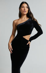 Gabbie Maxi Dress - Velvet One Shoulder Cut Out Dress in Black