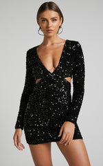 Gabriella Mini Dress - Plunge Long Sleeve Cut Out Sequin Dress in Black
