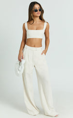 Gaia Two Piece Set - Linen Look Square Neck Crop Top and High Waist Pants Set in Stone
