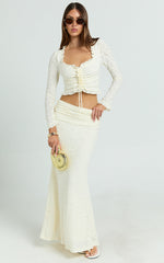 Gelyn Two Piece Set - Lace Ruffle Detail Long Sleeve Top and Maxi Skirt Set in Cream