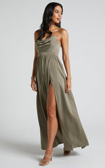 Gemalyn Maxi Dress - Cowl Neck Thigh Split Dress in Olive