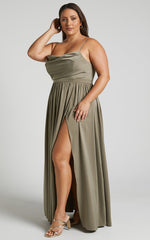 Gemalyn Maxi Dress - Cowl Neck Thigh Split Dress in Olive