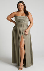 Gemalyn Maxi Dress - Cowl Neck Thigh Split Dress in Olive