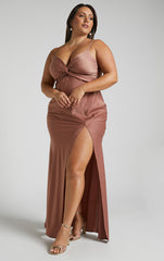 Gemalyn Midi Dress - Twist Front Thigh Split Dress in Dusty Rose