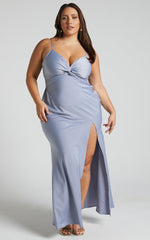Gemalyn Midi Dress - Twist Front Thigh Split Dress in Sky Blue