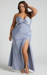 Gemalyn Midi Dress - Twist Front Thigh Split Dress in Sky Blue