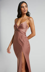 Gemalyn Midi Dress - Twist Front Thigh Split Dress in Dusty Rose