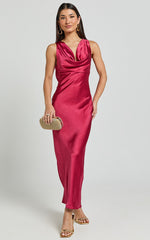 Geri Midi Dress - Cowl Neck Low Back Satin Dress in Berry