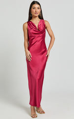 Geri Midi Dress - Cowl Neck Low Back Satin Dress in Berry