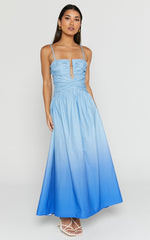Gianna Midi Dress - Square Neck Cut Out Bust Fit and Flare Dress in Blue Ombre