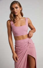 Gibson Two Piece Top and Skirt Set - Linen Crop Top and Knot Front Midi Skirt Set in Pink
