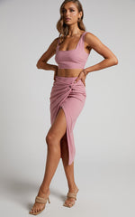 Gibson Two Piece Top and Skirt Set - Linen Crop Top and Knot Front Midi Skirt Set in Pink