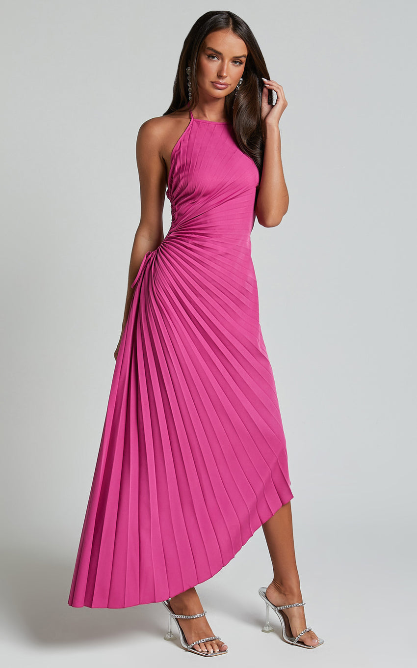 Gilly Midi Dress - Asymmetric Pleated Dress in Berry