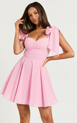 Girley Mini Dress - Bow Strap Dress in Pink Gingham