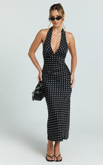 Grayson Midi Dress - Tie Halter Neck Slip Dress in Black/ White