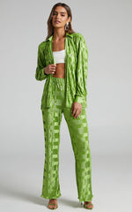 Greta Geometric - Mid Waisted Plisse Flared Pants in Green