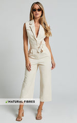 Griffin Jumpsuit - Collared Tie Waist Jumpsuit in Stone