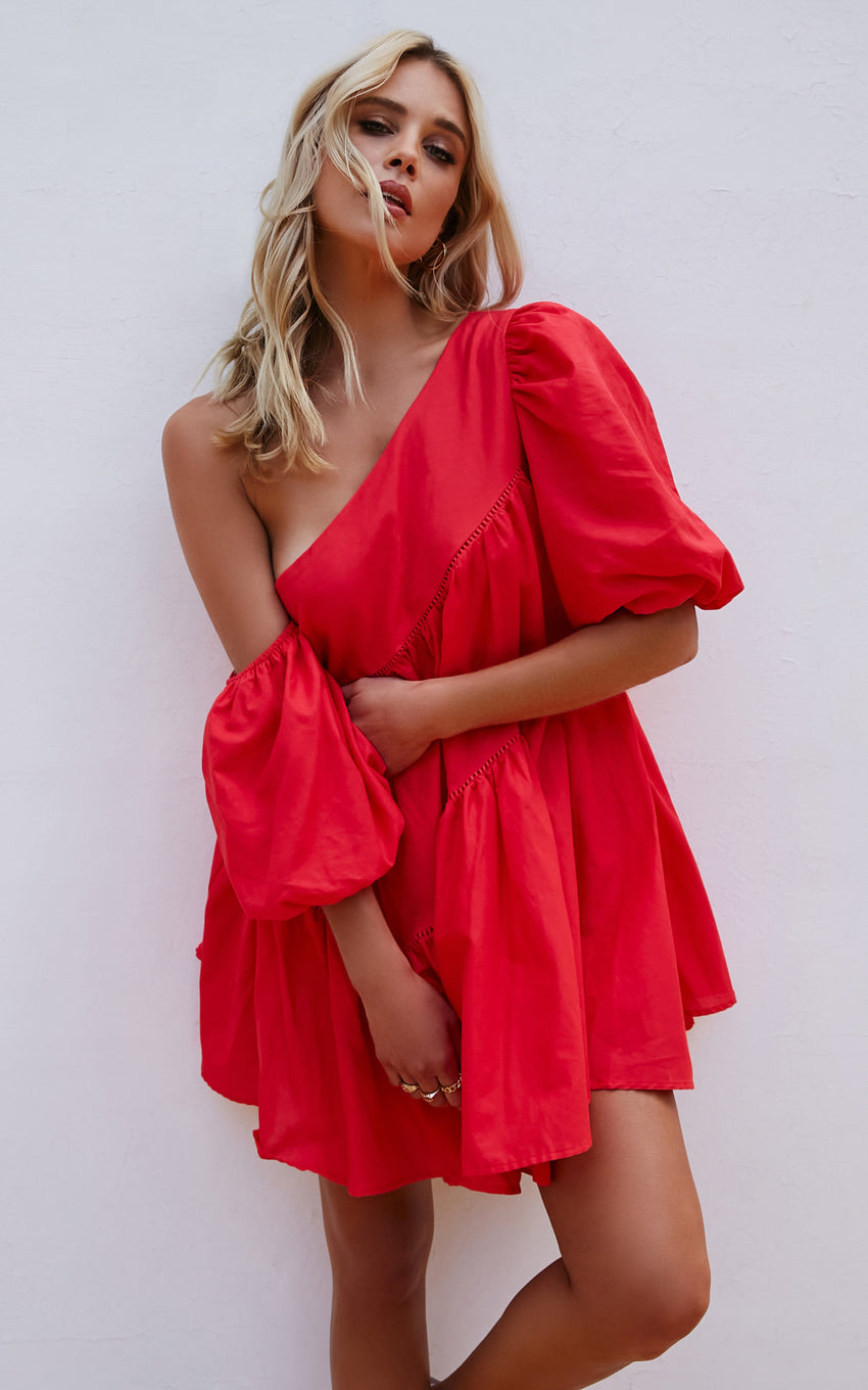 Harleen Mini Dress - Linen Asymmetrical Trim Puff Sleeve Dress in Red