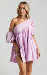 Harleen Mini Dress - Linen Asymmetrical Trim Puff Sleeve Dress in Lavender