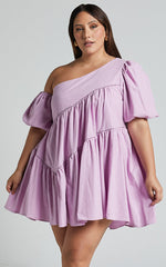 Harleen Mini Dress - Linen Asymmetrical Trim Puff Sleeve Dress in Lavender