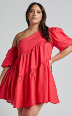 Harleen Mini Dress - Linen Asymmetrical Trim Puff Sleeve Dress in Red