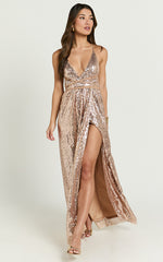 Harvey Maxi Dress - Sequin Plunge Front High Split Dress in Rose Gold