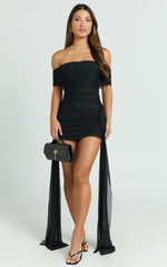Hermie Mini Dress - Off Shoulder Ruched Mesh Draped Dress in Black