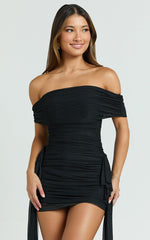 Hermie Mini Dress - Off Shoulder Ruched Mesh Draped Dress in Black