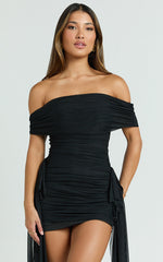 Hermie Mini Dress - Off Shoulder Ruched Mesh Draped Dress in Black