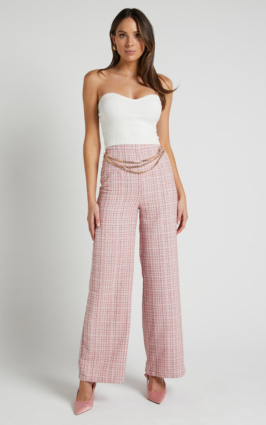 Icie Pants - High Waisted Tweed Wide Leg Pants in Pink Tweed