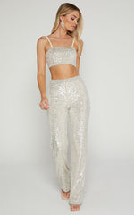 Imogen Two Piece Set - Bandeau Top and Straight Pants Set in Silver Sequin