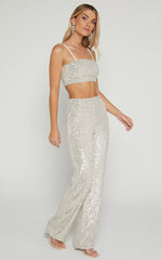 Imogen Two Piece Set - Bandeau Top and Straight Pants Set in Silver Sequin