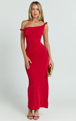 Isabel Midi Dress - Twist Off Shoulder Bodycon Dress in Red