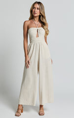 Isla Jumpsuit - Linen Halter Neck Jumpsuit in Beige