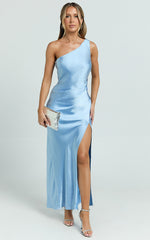 Isla Maxi Dress - Satin One Shoulder Side Split Dress in Blue