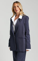 Iyah Blazer - Oversized Single Breasted Blazer in Navy Pinstripe
