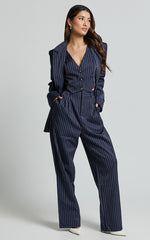 Iyah Top - V Neck Button Up Cropped Vest in Navy Pinstripe