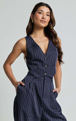 Iyah Top - V Neck Button Up Cropped Vest in Navy Pinstripe
