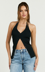Jaiden Top - V Neck Knitted Button Down Vest Top in Black
