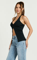 Jaiden Top - V Neck Knitted Button Down Vest Top in Black