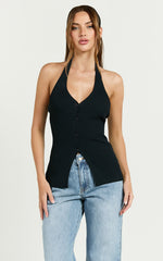Jaiden Top - V Neck Knitted Button Down Vest Top in Black