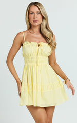 Jamaica Mini Dress - Ruched Bust Tiered Skirt Dress in Lemon