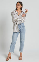 Jaycey Shirt - Long Sleeve Pocket Detail Shirt in Beige Stripe