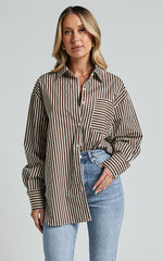 Jaycey Shirt - Long Sleeve Pocket Detail Shirt in Brown Stripe